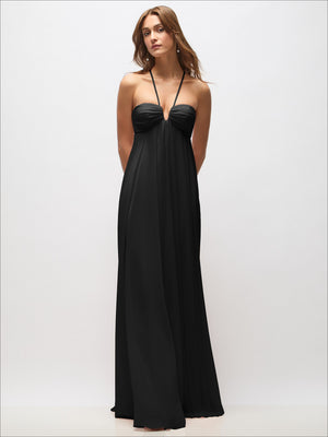 Black chiffon halter maxi dress with ruched bust and convertible spaghetti straps