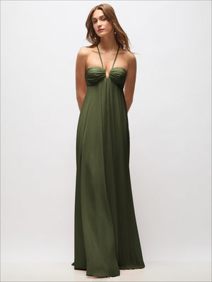 Olive green chiffon halter maxi dress with empire waist and convertible spaghetti straps