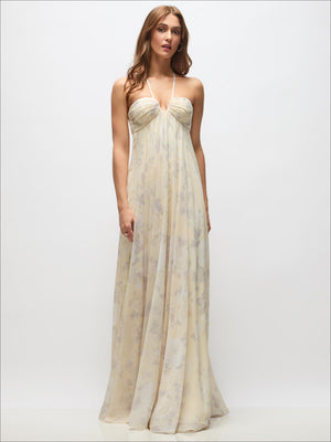 Cream floral chiffon maxi dress with halter straps and ruched bust
