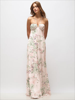 Blush pink floral chiffon halter maxi dress with spaghetti straps