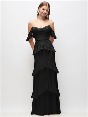 Black off-the-shoulder cowl maxi dress with tiered ruffle skirt and ruffle sleeve straps