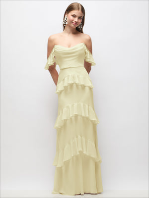 Light yellow off-shoulder cowl chiffon maxi dress with tiered ruffle skirt and flutter strap sleeves
