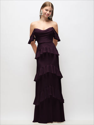 Off-the-shoulder cowl tiered ruffle maxi dress in burgundy plum with flutter sleeve ruffles