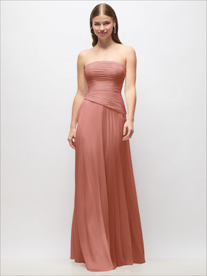 Dusty rose strapless chiffon maxi dress with ruched bodice and draped waist detail.
