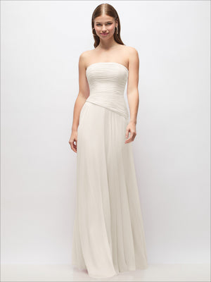White strapless chiffon maxi dress with ruched bodice and asymmetrical drape waist