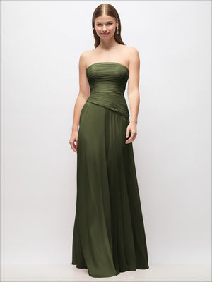 Strapless chiffon maxi dress in olive green, ruched bodice with asymmetrical draped waist