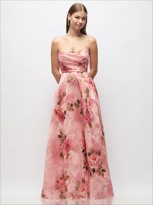 Pink strapless floral organza maxi dress with draped bodice