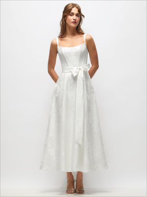Off-white corset bodice midi bride dress with spaghetti straps, embossed floral jacquard, sash
