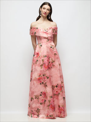 Off-shoulder floral organza maxi dress with full skirt, pink wrap bodice