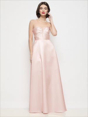 Pink strapless satin maxi dress with bow at bust and semi-circle skirt