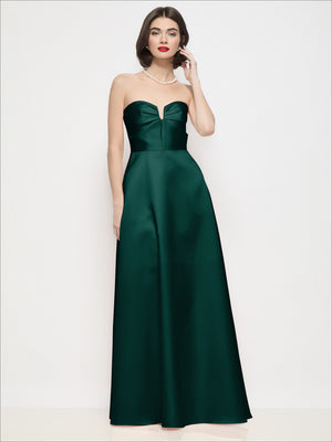 Deep green strapless satin maxi dress with pleated semi-circle skirt and sweetheart bodice