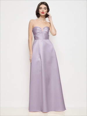 Lavender strapless satin maxi dress with structured sweetheart bodice and flared skirt