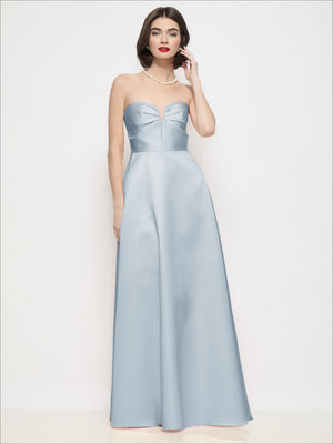 Light blue strapless satin maxi dress with sweetheart neckline, bow, and full skirt