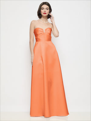 Orange satin strapless maxi dress with U-wire bodice bow detail and pleated semi-circle skirt