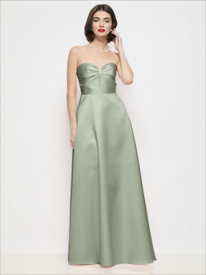 Front view of strapless satin maxi dress in sage green with pleated semi-circle skirt