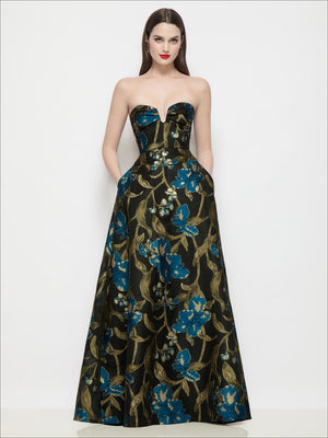 Strapless pleated maxi dress with U-wire bodice, blue floral jacquard, full circle skirt
