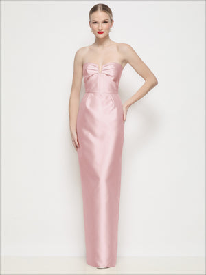 Strapless satin column maxi dress with U-wire bodice, pleated bust, blush pink
