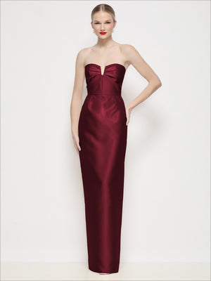 Strapless satin column maxi dress with U-wire bodice, pleated bust, burgundy red