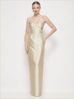 Champagne strapless satin column maxi dress with sweetheart bodice and center bow