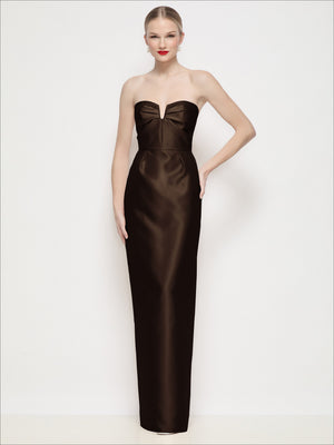 Strapless satin column maxi dress with U-wire bodice, pleated bust, dark brown