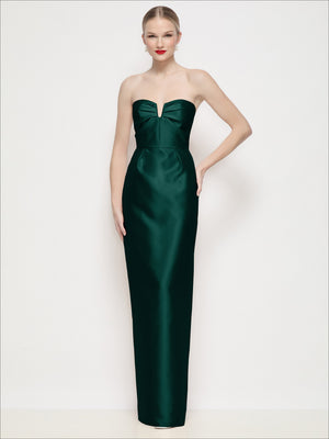 Strapless satin column maxi dress with U-wire bodice, pleated bust, dark green