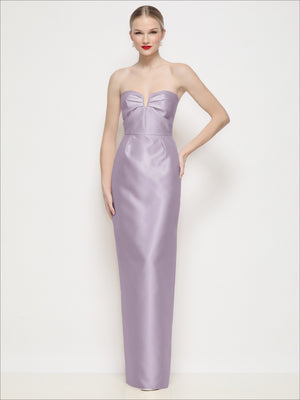 Lilac strapless satin maxi column dress with pleated bodice and U-wire neckline
