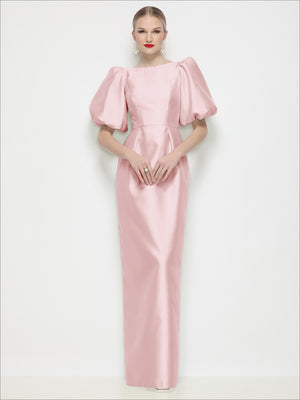 Satin column maxi dress with bateau neckline and puff sleeves, blush pink, centered front