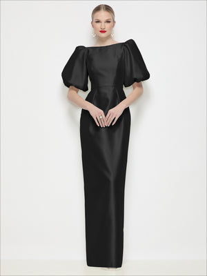 Black satin column maxi dress with bateau neck and puff sleeves, front view