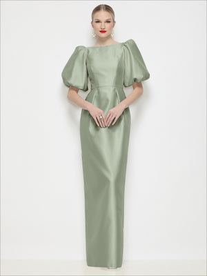 Sage satin column maxi dress with bateau neckline and puff sleeves
