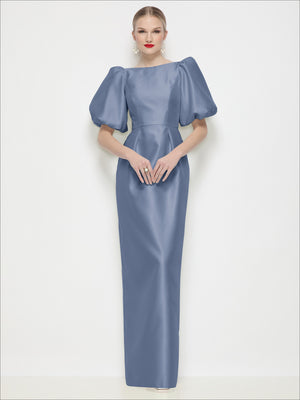 Blue satin column maxi dress with bateau neck and puff sleeves, front view