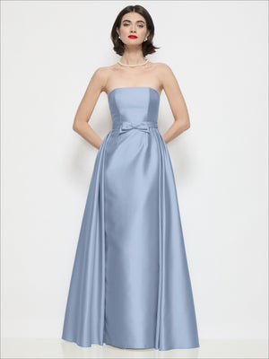 Light blue strapless satin column dress with bow waist, smooth draped overskirt