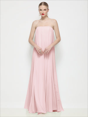 Blush pink strapless shirred chiffon maxi trapeze dress with gathered bodice