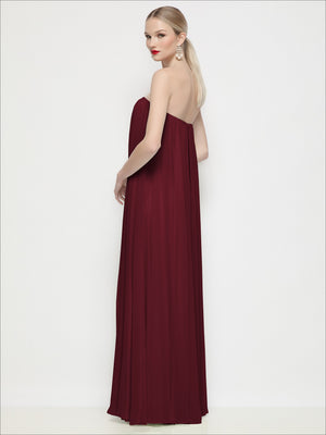 Strapless shirred chiffon maxi dress in deep burgundy red with draped, tiered skirt