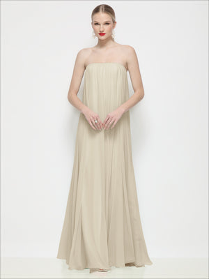 Ivory strapless shirred chiffon trapeze maxi dress with soft drape