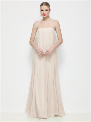 Ivory strapless shirred chiffon maxi dress with gathered bodice and airy trapeze skirt