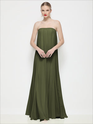 Olive green strapless shirred chiffon maxi dress with trapeze silhouette, front view