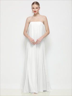 Strapless shirred chiffon maxi dress, white tone, strapless neckline, front drape, full length