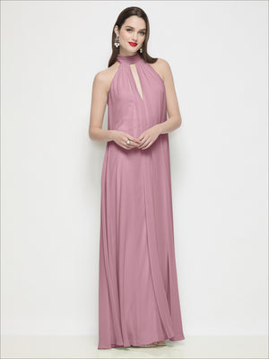 Shirred chiffon halter trapeze dress in dusty mauve pink, front drape with keyhole neckline