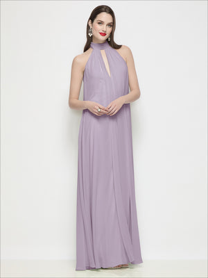 Lilac halter chiffon trapeze dress with shirred bodice and keyhole neckline