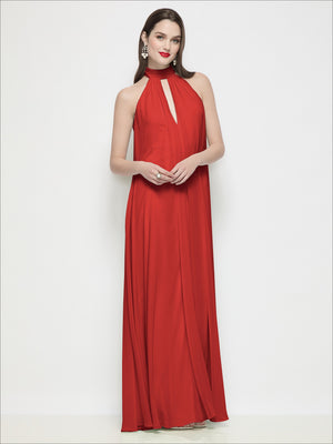 Red halter chiffon trapeze dress with keyhole neckline and draped shirring at the bust.
