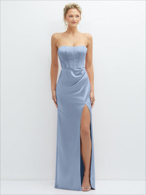 Powder blue strapless satin maxi dress with draped corset bodice and front slit