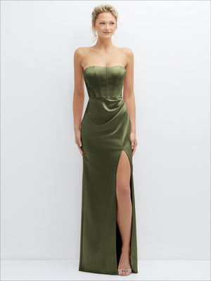 Olive green strapless satin corset maxi dress with draped waist and front slit