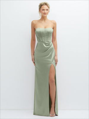 Sage olive strapless satin corset maxi dress with draped waist and front slit