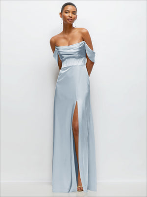 Light blue satin A-line maxi dress with convertible off-shoulder draped sleeves and slit