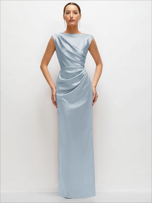 Powder blue satin maxi dress, high neck sleeveless cap shoulders with ruched waist