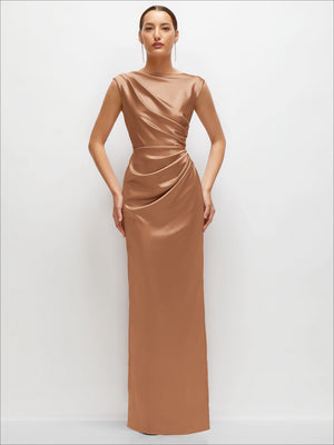 Cocoa brown satin maxi dress with sleeveless high neck and ruched draped waist