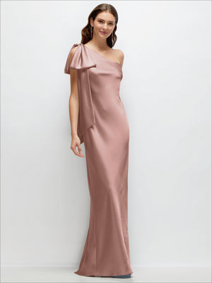 Ballet pink satin one-shoulder maxi dress with cascading shoulder bow