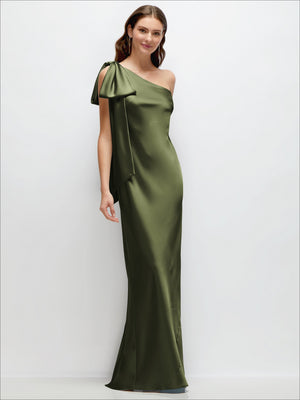 Olive green one-shoulder satin maxi dress with cascading shoulder bow, bias-cut silhouette