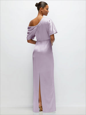 Lavender satin maxi dress with off-shoulder sleeves and side slit