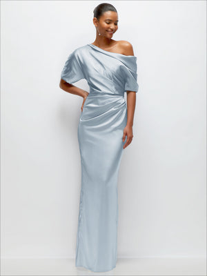 Light blue satin maxi dress with off-shoulder neckline and pleated side drape